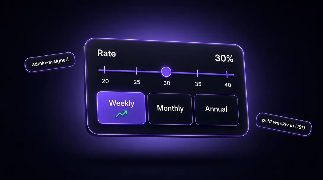 Deep Poker agent earnings dashboard showing commission rate slider and weekly scenario projection